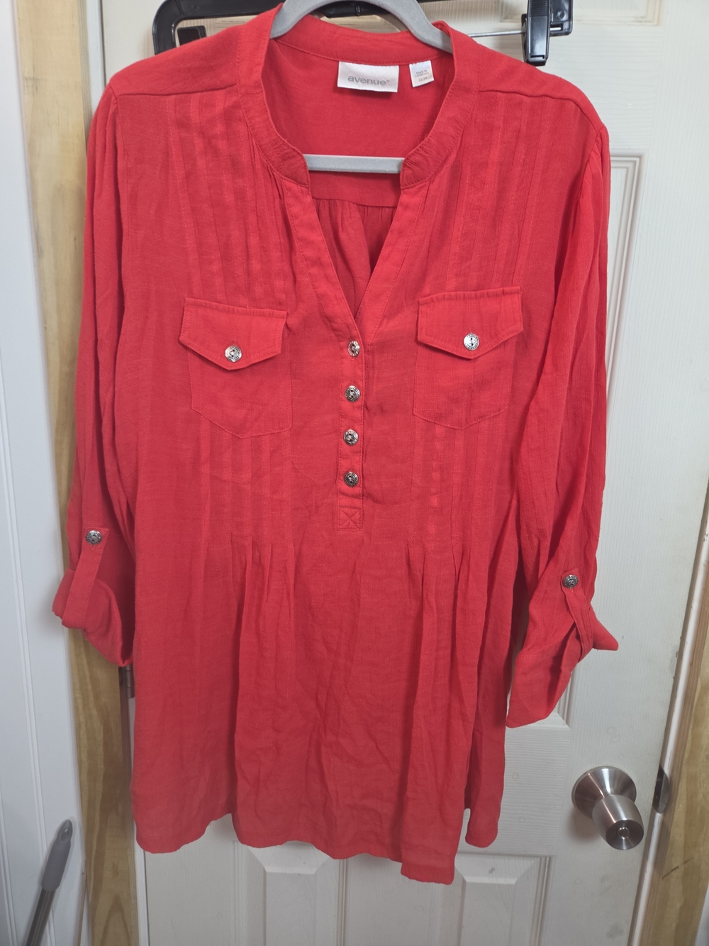 Boho Tunic Avenue Bold Red Button-Front Chest Pockets